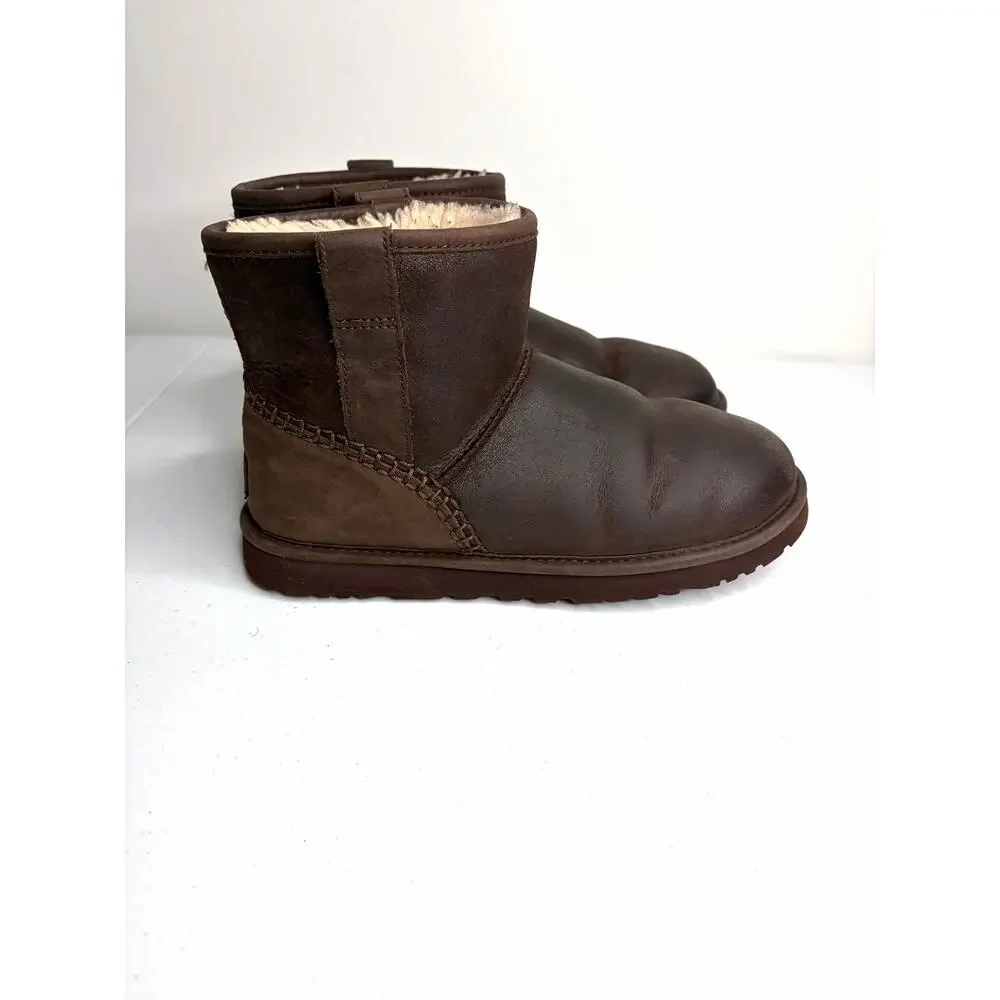 UGG Mini Deco Boots Men's Sz 7 Brown Leather Shearling 1008621 Comfort Casual